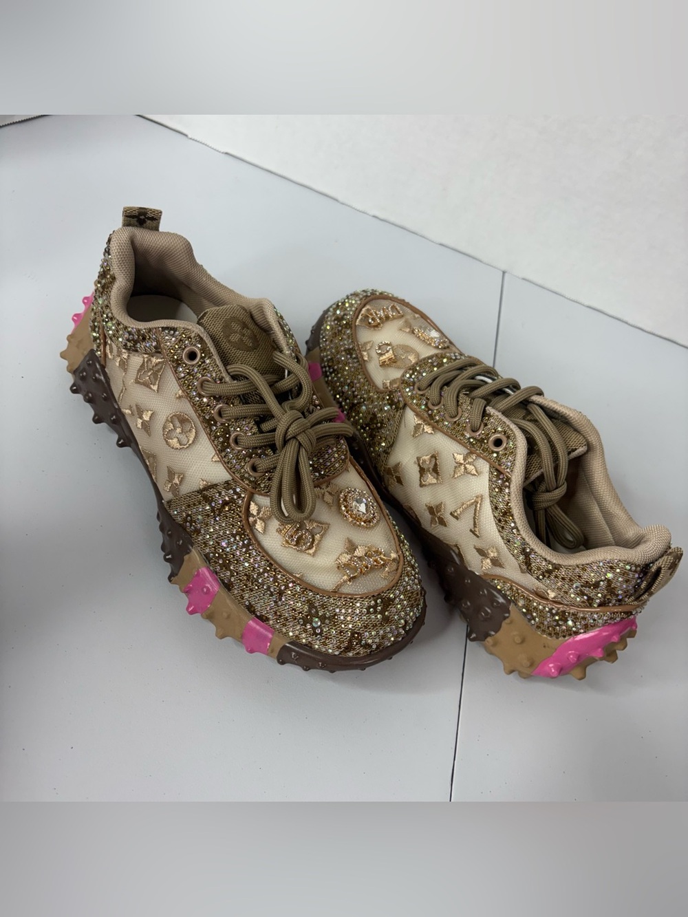Designer Inspired-New Women’s Beige Gold & Pink Embellished Sneakers Size 9